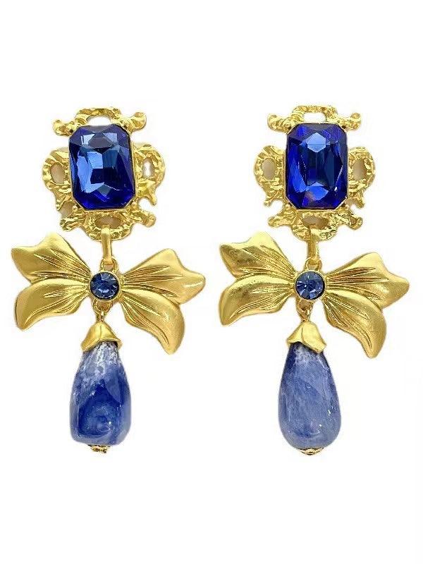 Loookus - Bow Knot Rhinestone Handmade Blue Glass Earrings