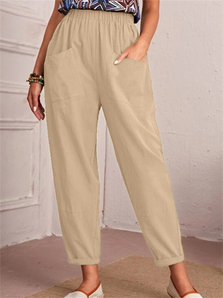 Loookus - Women's New Cotton and Linen Nine-minute Trousers Elasticated Waist Casual Trousers Pocket Small Leg Trousers