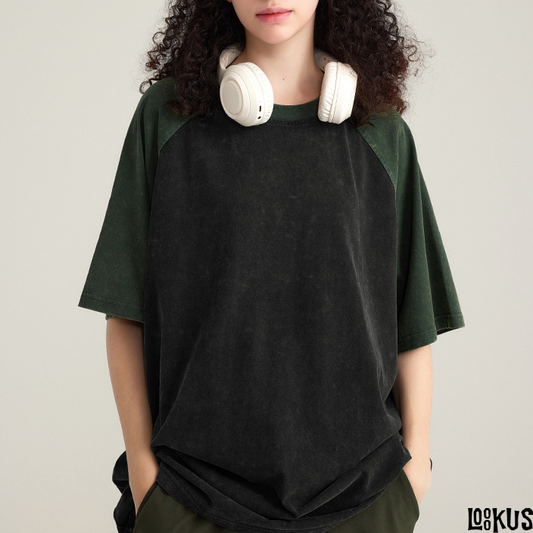 Loookus-Retro Raglan Washed Short-Sleeve T-shirt