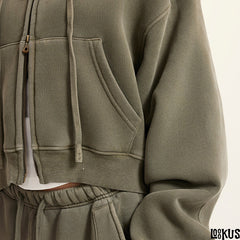 Loookus - Vintage Washed Y2K Hoodie Zip-Up Jacket &amp; Cargo Skirt Set