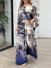 Loookus - Printed Loose Puff Sleeves Off-the-shoulder Two-Piece Sets Pants Blouses