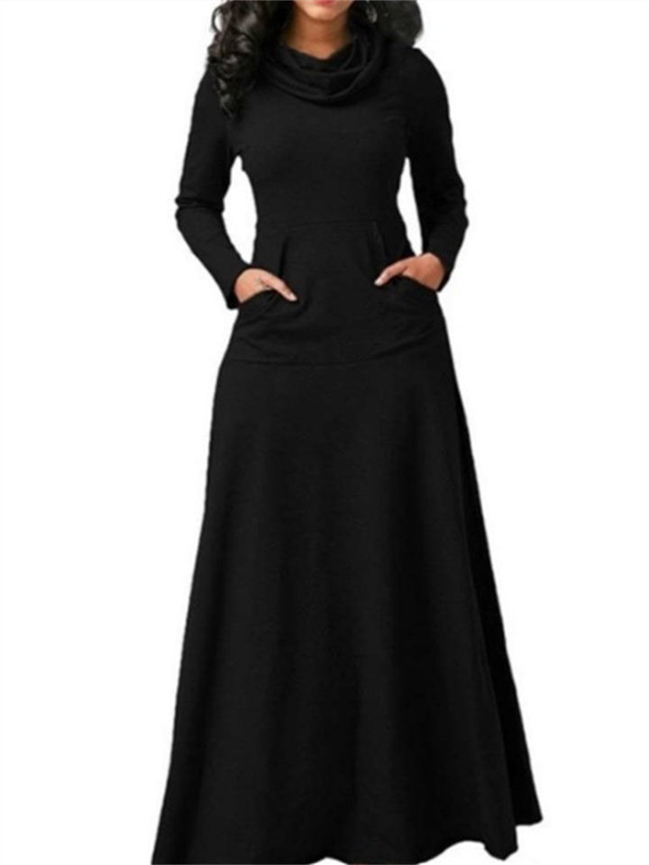 Loookus - Women's Casual Dress Emerald Green Dress Black Dress Long Dress Maxi Dress Green Black Brown Long Sleeve Pure Color Pocket Winter Fall Spring High Neck Basic Winter Dress Christmas Birthday 2022 S M