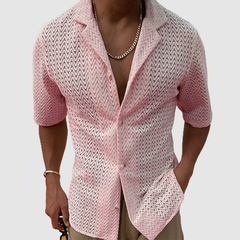 Loookus - Men's summer hollowed-out sweater solid color lapel short sleeve knit shirt