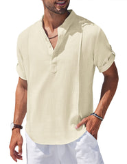 Loookus - Men's Linen Cotton Henley Shirt Casual Beach Hippie Shirts Short Sleeve T Shirts