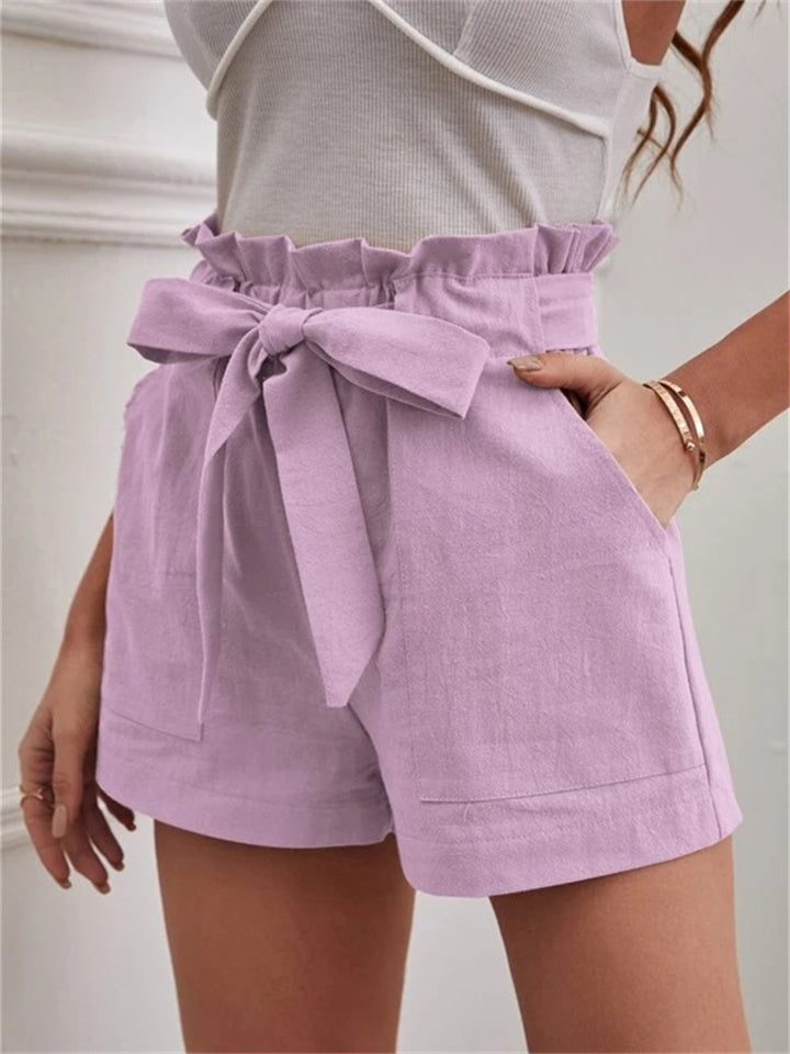 Loookus - Summer Ladies Loose Linen Casual Shorts Pockets Solid Color Big Yards High Waist Wide Leg Pants