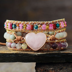 Loookus - Pink crystal heart-shaped leather multi layered bracelet