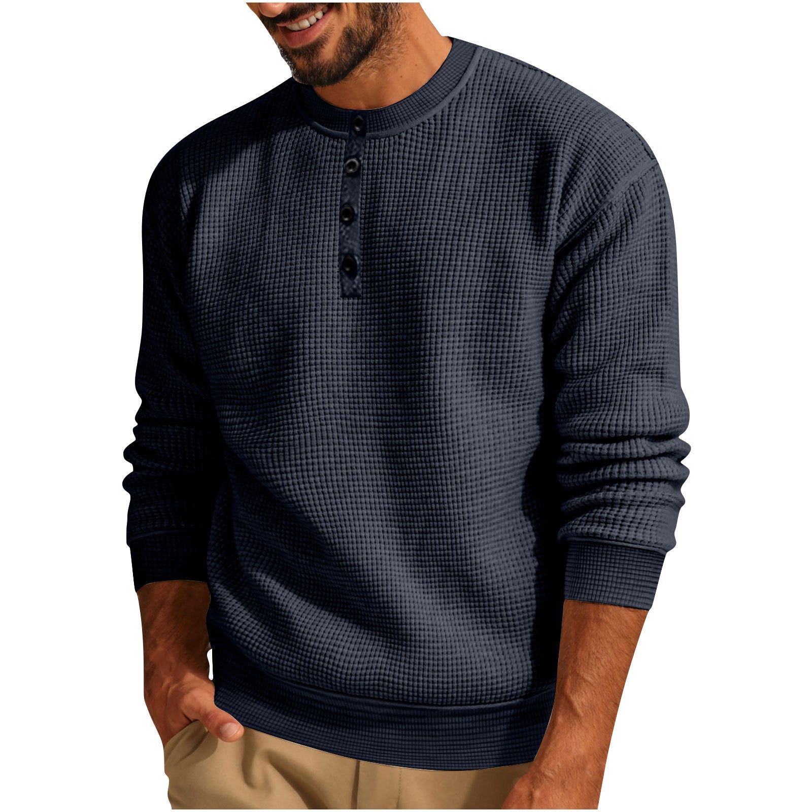 Loookus - 2025 Man's Long Sleeve Knit Henley Pure Color Waffle Texture