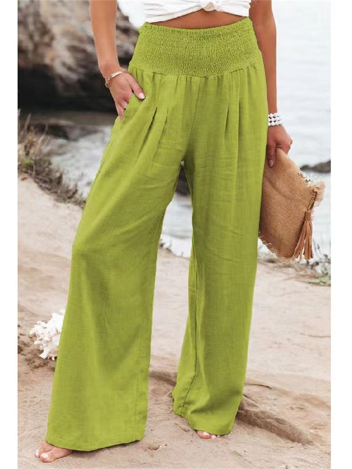 Loookus - Summer Women's Casual Wide-legged Cotton Linen Burst Loose Pants Solid Color Casual Pants