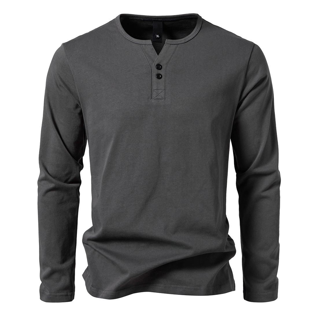 Loookus - Long Sleeve Cotton With Small V-Shape Collar Henley Shirt