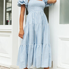 Loookus - Plaid Bubble Sleeve Dress