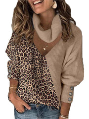 Loookus - Autumn and Winter New Women's Leopard Print Color Blocking Temperament V-neck Loose Scarf Hollowed Knitwear