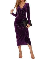 Loookus - Women‘s Party Dress Velvet Dress Red Midi Dress Purple Wine Long Sleeve Pure Color Ruched Split Velvet Fall Spring V Neck Party Elegant Party Fall Dress S M L XL Winter Dress