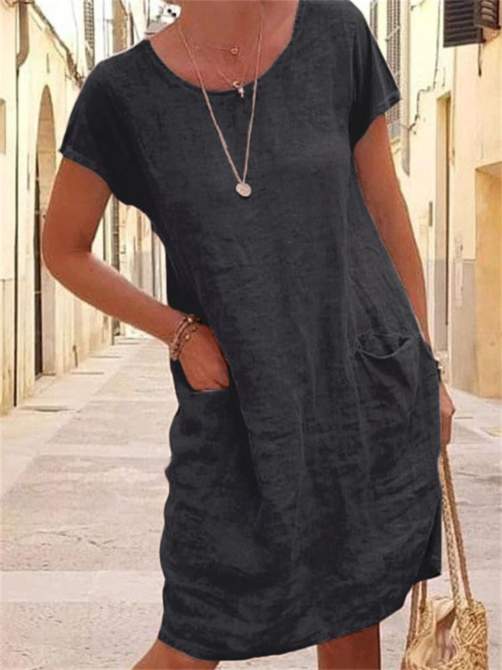 Loookus - Women's Shift Dress Knee Length Dress Short Sleeve Pure Color Pocket Spring Summer Crew Neck Basic Casual Classic Loose 2022 S M L XL 2XL 3XL 4XL 5XL / Cotton