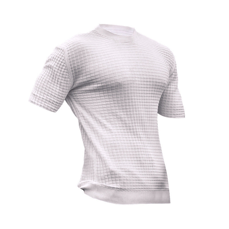 Loookus - Men's new small square lattice t-shirt round collar casual half-sleeve top