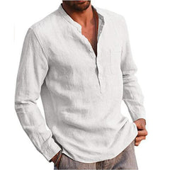Loookus - Men's Cotton Linen Summer Solid Color  Stand-Up Collar Long-Sleeved Shirts