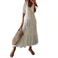 Loookus - Casual Sweet V-neck Print Hanging Beard Short Sleeve Medium Length Dress White Dresses