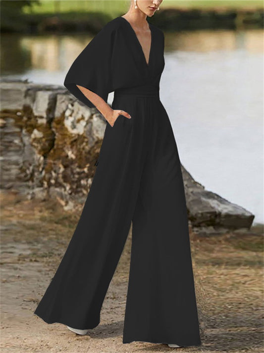 Loookus - Women's Jumpsuit Pocket High Waist Solid Color V Neck Elegant Party Business Regular Fit 3/4 Length Sleeve Black White Pink S M L Spring