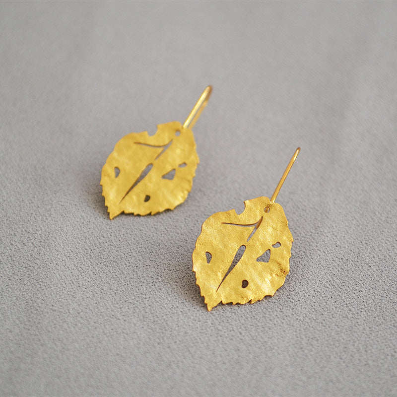 Loookus - Frosted Granular Retro Gold Leaves Earrings