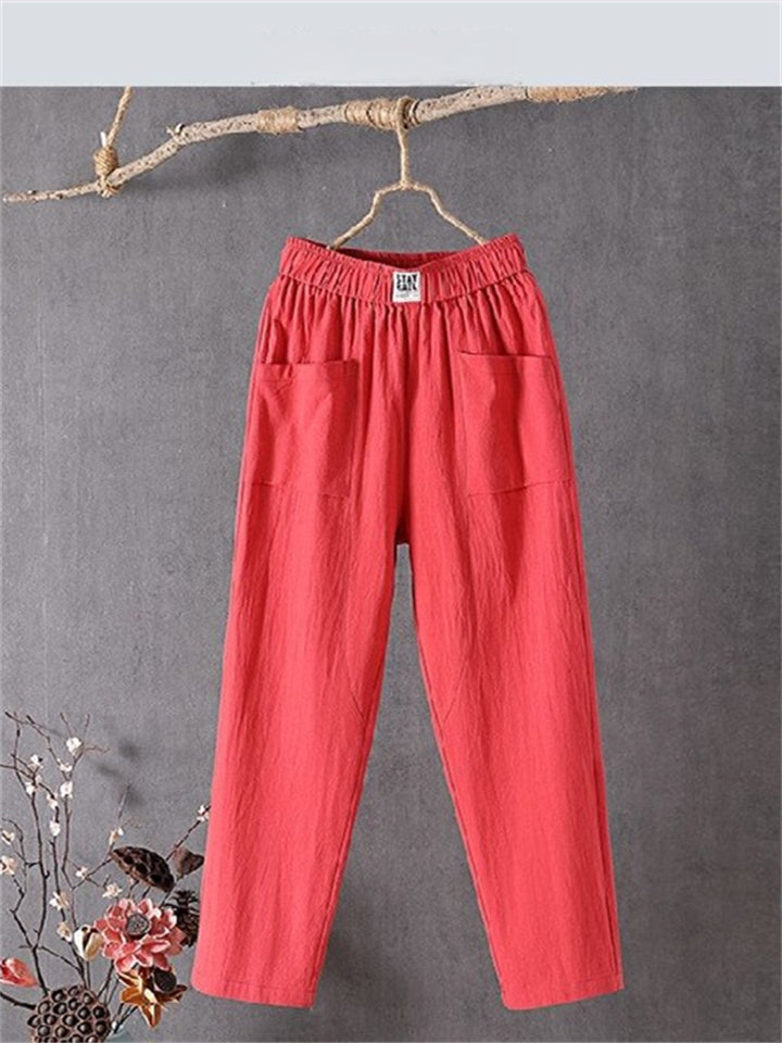 Loookus - Women's Chinos Pants Trousers Cotton Linen / Cotton Blend Green Black Red Mid Waist Fashion Work Casual Weekend Side Pockets Micro-elastic Ankle-Length Comfort Solid Color M L XL XXL 3XL