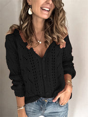 Loookus - Women's Cardigan Hollow Out Knitted Button Solid Color Basic Casual Long Sleeve Loose Sweater Cardigans V Neck Fall Winter Spring Blushing Pink Black Gray / Going out