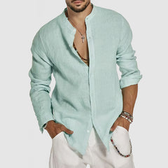 Loookus - Men's Beach Cotton Linen Standing Collar Shirt