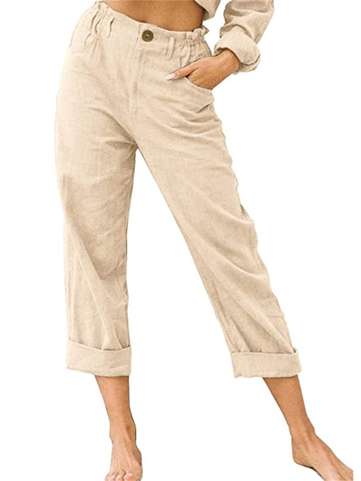 Loookus - Women's New Solid Color Cotton and Linen Fashion Loose High-waisted Straight Casual Pants