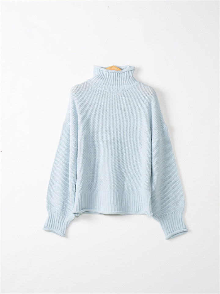 Loookus - Share  Photo by Supplier   Women's Sweater Pullover Jumper Knitted Solid Color Basic Casual Chunky Long Sleeve Loose Sweater Cardigans Turtleneck Fall Winter Light Blue Green White