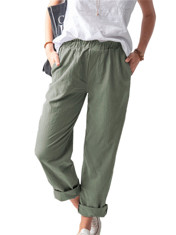 Loookus - New Women's Cotton and Linen Pants Solid Color Casual Elastic High Waist Straight Pants