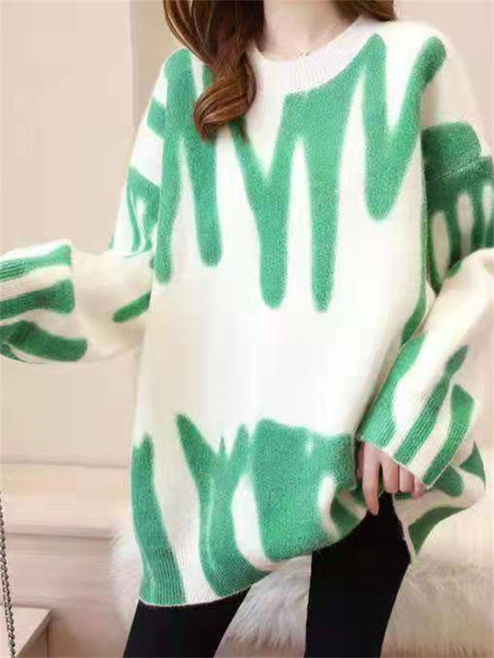 Loookus - Loose Round Neck Print Pullover Sweater