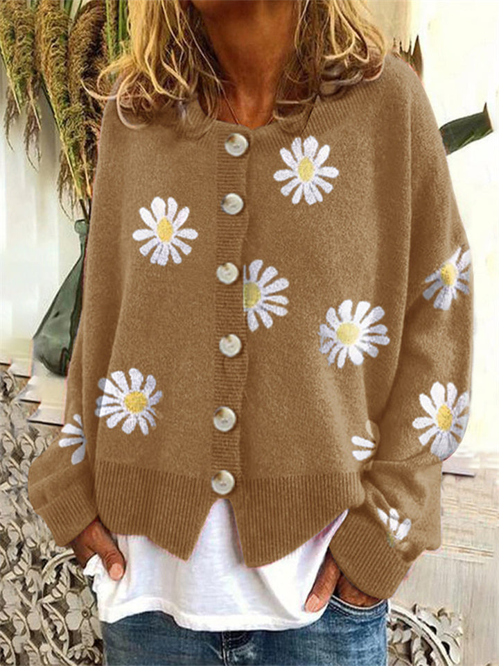 Loookus - Autumn and Winter New Loose Sweater Ms. Small Autumn Chrysanthemum Embroidery Needle Cardigan Women's Clothing