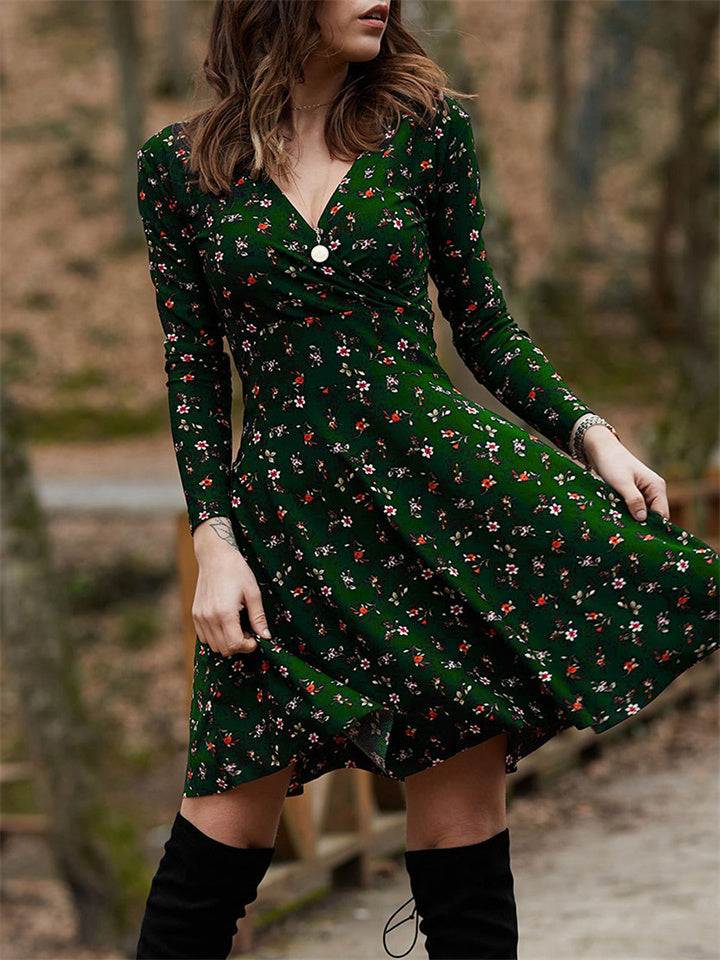 Loookus - Dress Floral Long Sleeve V-neck Dress Big Swing Dress