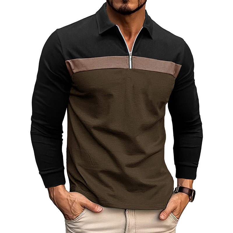 Loookus - Men's Long Sleeve Patchwork Cotton Color-blocked Polo Shirt