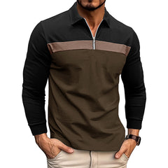 Loookus - Men's Long Sleeve Patchwork Cotton Color-blocked Polo Shirt