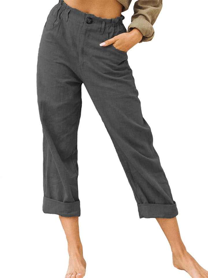 Loookus - Women's New Solid Color Cotton and Linen Fashion Loose High-waisted Straight Casual Pants