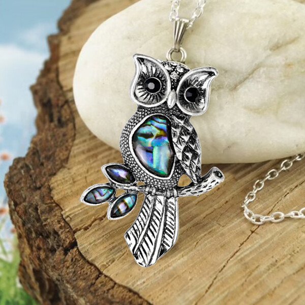 Loookus - Sterling Silver Abalone Jewellery Owl Pendant Necklace