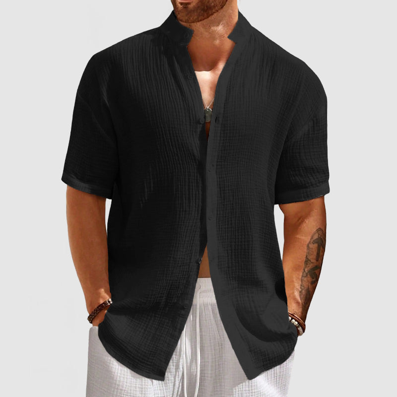 Loookus - Men's Casual Pleated Textured Short Sleeve Shirt