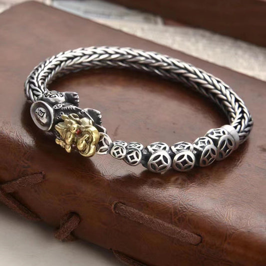 Loookus - 925 Silver Pure handmade Pixiu knitting trendy male retro ethnic style bracelet