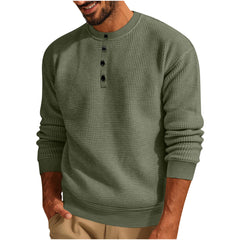 Loookus - 2025 Man's Long Sleeve Knit Henley Pure Color Waffle Texture