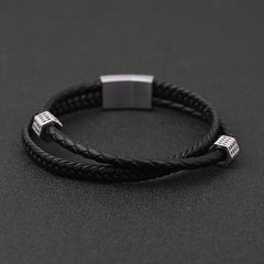 Loookus - 925 Silver Men's multilayer woven leather bracelet Stainless steel diamond inset bracelet gift