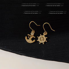 Loookus - Asymmetric Ship Anchor And Rudder Zircon Earrings