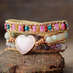 Loookus - Pink crystal heart-shaped leather multi layered bracelet