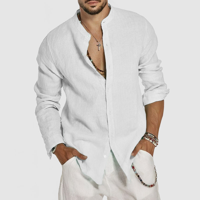 Loookus - Men's Beach Cotton Linen Standing Collar Shirt