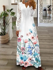 Loookus - Spring and Summer Women's Fashion V-neck Long-sleeved Lace Long Dress