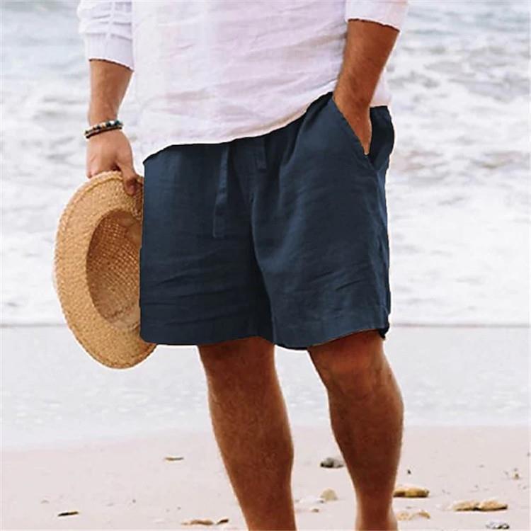 Loookus - Men's summer cotton linen shorts draw rope elastic waist straight legs solid color breathable five minutes casual pants