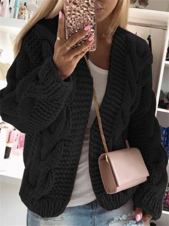 Loookus - Women's Cardigan Knitted Solid Color Basic Casual Chunky Long Sleeve Loose Sweater Cardigans Hooded Open Front Fall Winter Wine Dusty Rose Gray