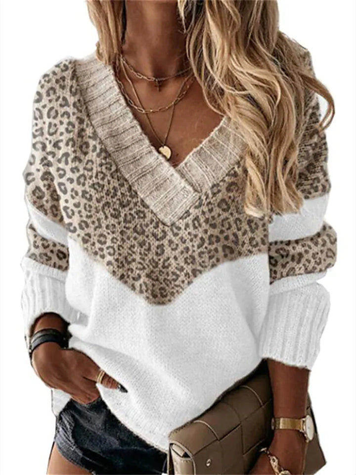 Loookus - Women's Pullover Sweater Jumper Patchwork Print Leopard Print Color Block Stylish Basic Casual Long Sleeve Regular Fit Sweater Cardigans V Neck Fall Winter Khaki / Daily / Holiday / Going out