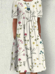 Loookus - Casual Flower Round Neck Medium Length Straight Dress