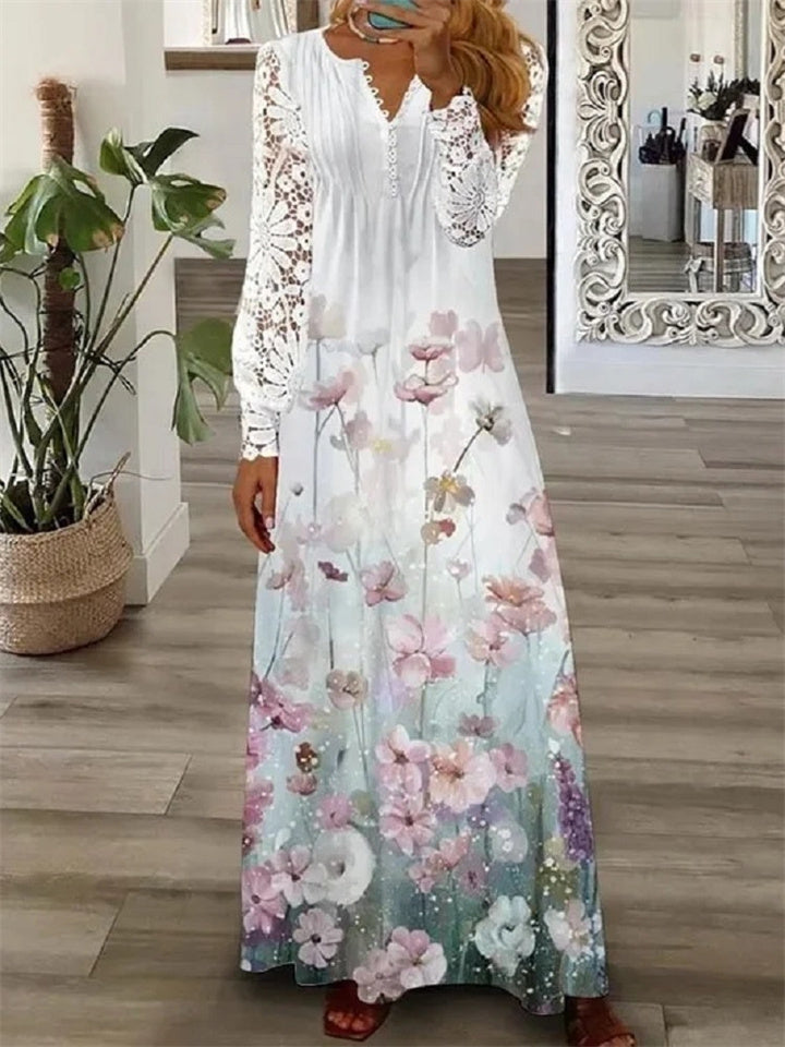 Loookus - Spring and Summer Women's Fashion V-neck Long-sleeved Lace Long Dress