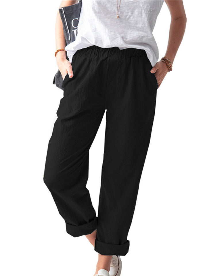 Loookus - New Women's Cotton and Linen Pants Solid Color Casual Elastic High Waist Straight Pants