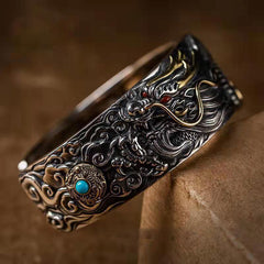 Loookus - 925 Silver Domineering Retro Dragon Opening Adjustable Bracelet